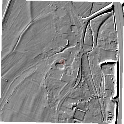 Shaded relief map of the ground around TW209UW, computed from Environment Agency LiDAR. The ground here sits at about 16 m above sea level and falls 9 m across the surrounding 800 m. Surface water reaching this point runs off ground lying to the south-east, 3.0 m higher.