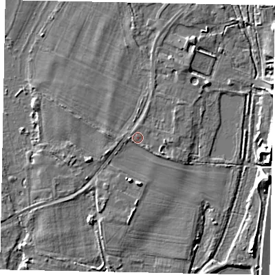 Shaded relief map of the ground around TW209UX, computed from Environment Agency LiDAR. The ground here sits at about 16 m above sea level and falls 8 m across the surrounding 800 m. Surface water reaching this point runs off ground lying to the south, 3.6 m higher.