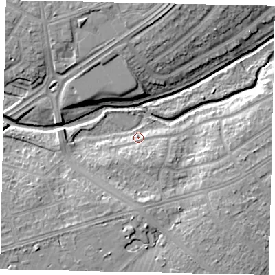 Shaded relief map of the ground around TW25HG, computed from Environment Agency LiDAR. The ground here sits at about 13 m above sea level and falls 11 m across the surrounding 800 m. Surface water reaching this point runs off ground lying to the south-south-west, 2.4 m higher.