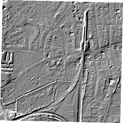 Shaded relief map of the ground around TW25SB, computed from Environment Agency LiDAR. The ground here sits at about 10 m above sea level and falls 8 m across the surrounding 800 m. Surface water reaching this point runs off ground lying to the south-west, 5.5 m higher.