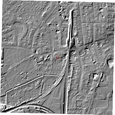 Shaded relief map of the ground around TW25SD, computed from Environment Agency LiDAR. The ground here sits at about 11 m above sea level and falls 8 m across the surrounding 800 m. Surface water reaching this point runs off ground lying to the south-west, 5.4 m higher.