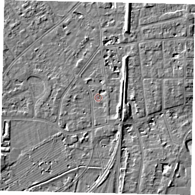 Shaded relief map of the ground around TW25SL, computed from Environment Agency LiDAR. The ground here sits at about 10 m above sea level and falls 8 m across the surrounding 800 m. Surface water reaching this point runs off ground lying to the east-north-east, 5.7 m higher.