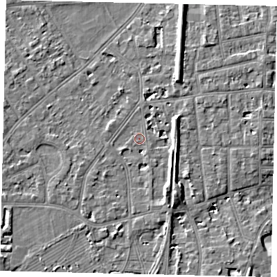Shaded relief map of the ground around TW25TT, computed from Environment Agency LiDAR. The ground here sits at about 10 m above sea level and falls 8 m across the surrounding 800 m. Surface water reaching this point runs off ground lying to the south-west, 5.9 m higher.