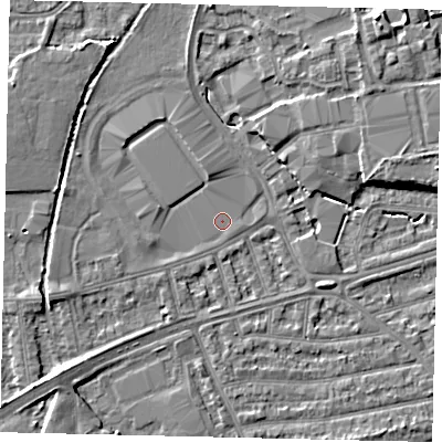 Shaded relief map of the ground around TW27BA, computed from Environment Agency LiDAR. The ground here sits at about 9 m above sea level and falls 6 m across the surrounding 800 m. Surface water reaching this point runs off ground lying to the west-south-west, 2.4 m higher.