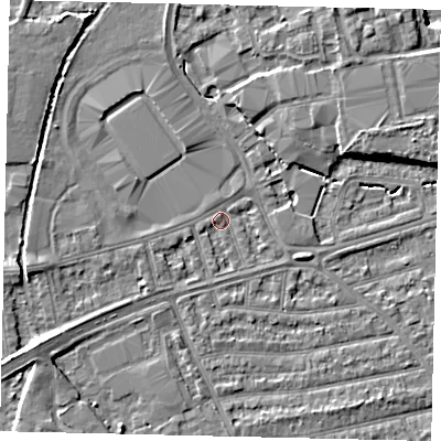 Shaded relief map of the ground around TW27QU, computed from Environment Agency LiDAR. The ground here sits at about 9 m above sea level and falls 6 m across the surrounding 800 m. Surface water reaching this point runs off ground lying to the south-west, 3.9 m higher.