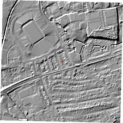 Shaded relief map of the ground around TW27QX, computed from Environment Agency LiDAR. The ground here sits at about 9 m above sea level and falls 6 m across the surrounding 800 m. Surface water reaching this point runs off ground lying to the west, 1.7 m higher.