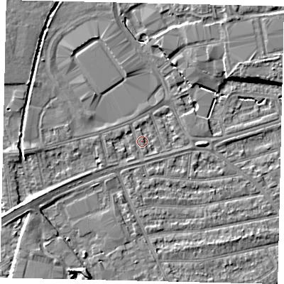 Shaded relief map of the ground around TW27QY, computed from Environment Agency LiDAR. The ground here sits at about 9 m above sea level and falls 6 m across the surrounding 800 m. Surface water reaching this point runs off ground lying to the west-south-west, 3.9 m higher.