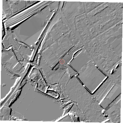 Shaded relief map of the ground around TW46DH, computed from Environment Agency LiDAR. The ground here sits at about 21 m above sea level and falls 7 m across the surrounding 800 m. Surface water reaching this point runs off ground lying to the north-north-east, 1.8 m higher.