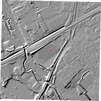 Shaded relief map of the ground around TW46FD, computed from Environment Agency LiDAR. The ground here sits at about 21 m above sea level and falls 8 m across the surrounding 800 m. Surface water reaching this point runs off ground lying to the west-north-west, 3.2 m higher.