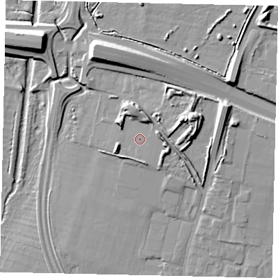Shaded relief map of the ground around TW59RY, computed from Environment Agency LiDAR. The ground here sits at about 28 m above sea level and falls 13 m across the surrounding 800 m. Surface water reaching this point runs off ground lying to the south-east, 0.5 m higher.
