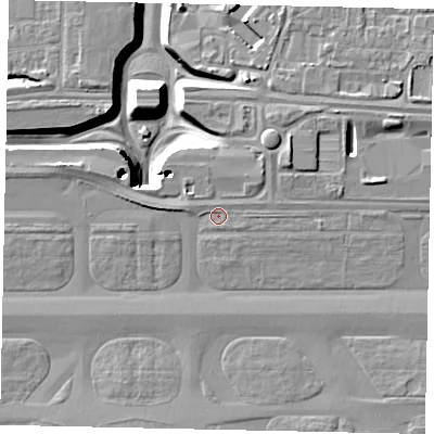 Shaded relief map of the ground around TW62FG, computed from Environment Agency LiDAR. The ground here sits at about 25 m above sea level and falls 11 m across the surrounding 800 m. Surface water reaching this point runs off ground lying to the north-east, 7.0 m higher.