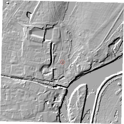 Shaded relief map of the ground around TW76AQ, computed from Environment Agency LiDAR. The ground here sits at about 5 m above sea level and falls 9 m across the surrounding 800 m. Surface water reaching this point runs off ground lying to the south-west, 4.5 m higher.