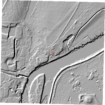 Shaded relief map of the ground around TW76BD, computed from Environment Agency LiDAR. The ground here sits at about 7 m above sea level and falls 9 m across the surrounding 800 m. Surface water reaching this point runs off ground lying to the north, 2.5 m higher.