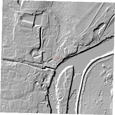 Shaded relief map of the ground around TW76BE, computed from Environment Agency LiDAR. The ground here sits at about 5 m above sea level and falls 9 m across the surrounding 800 m. Surface water reaching this point runs off ground lying to the west, 4.5 m higher.