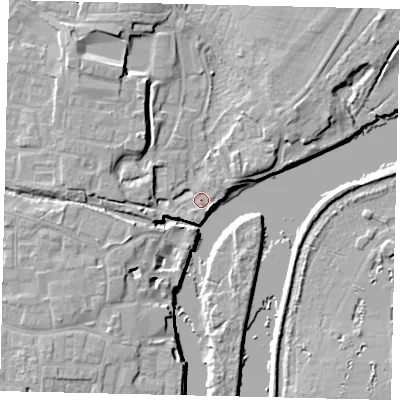 Shaded relief map of the ground around TW76BG, computed from Environment Agency LiDAR. The ground here sits at about 5 m above sea level and falls 9 m across the surrounding 800 m. Surface water reaching this point runs off ground lying to the west, 4.2 m higher.