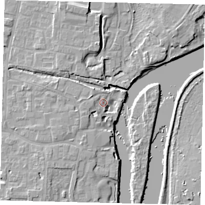 Shaded relief map of the ground around TW76BL, computed from Environment Agency LiDAR. The ground here sits at about 7 m above sea level and falls 9 m across the surrounding 800 m. Surface water reaching this point runs off ground lying to the south-south-west, 3.8 m higher.
