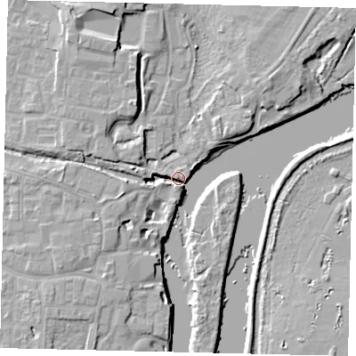 Shaded relief map of the ground around TW76BS, computed from Environment Agency LiDAR. The ground here sits at about 6 m above sea level and falls 9 m across the surrounding 800 m. Surface water reaching this point runs off ground lying to the west-north-west, 7.6 m higher.