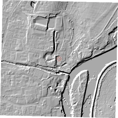 Shaded relief map of the ground around TW76BU, computed from Environment Agency LiDAR. The ground here sits at about 5 m above sea level and falls 9 m across the surrounding 800 m. Surface water reaching this point runs off ground lying to the west-south-west, 2.6 m higher.
