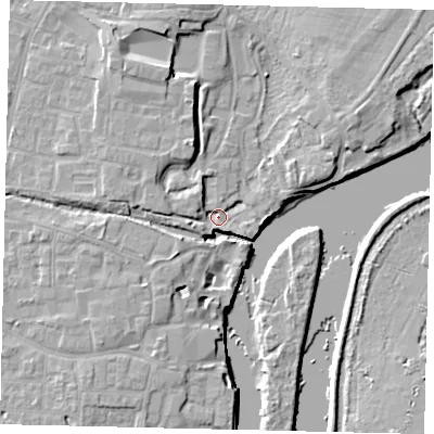 Shaded relief map of the ground around TW76BZ, computed from Environment Agency LiDAR. The ground here sits at about 5 m above sea level and falls 9 m across the surrounding 800 m. Surface water reaching this point runs off ground lying to the west, 4.5 m higher.