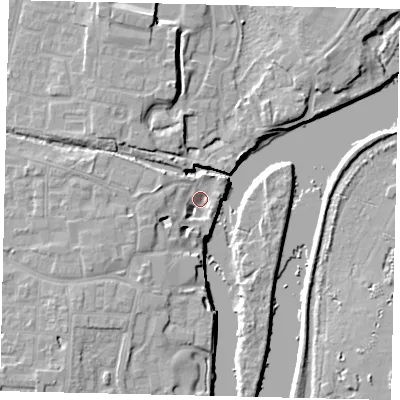 Shaded relief map of the ground around TW76DA, computed from Environment Agency LiDAR. The ground here sits at about 5 m above sea level and falls 9 m across the surrounding 800 m. Surface water reaching this point runs off ground lying to the west-north-west, 4.9 m higher.