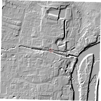 Shaded relief map of the ground around TW76DE, computed from Environment Agency LiDAR. The ground here sits at about 7 m above sea level and falls 9 m across the surrounding 800 m. Surface water reaching this point runs off ground lying to the west-north-west, 3.0 m higher.