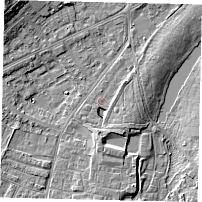 Shaded relief map of the ground around TW76GU, computed from Environment Agency LiDAR. The ground here sits at about 7 m above sea level and falls 13 m across the surrounding 800 m. Surface water reaching this point runs off ground lying to the north-east, 4.8 m higher.