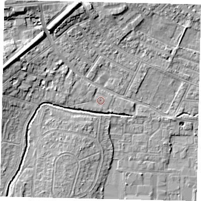 Shaded relief map of the ground around TW76NL, computed from Environment Agency LiDAR. The ground here sits at about 9 m above sea level and falls 11 m across the surrounding 800 m. Surface water reaching this point runs off ground lying to the west-north-west, 1.7 m higher.