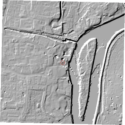 Shaded relief map of the ground around TW76RJ, computed from Environment Agency LiDAR. The ground here sits at about 6 m above sea level and falls 9 m across the surrounding 800 m. Surface water reaching this point runs off ground lying to the west-south-west, 4.8 m higher.