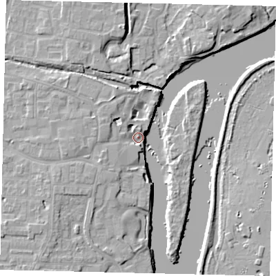 Shaded relief map of the ground around TW76RS, computed from Environment Agency LiDAR. The ground here sits at about 6 m above sea level and falls 9 m across the surrounding 800 m. Surface water reaching this point runs off ground lying to the west-south-west, 6.6 m higher.