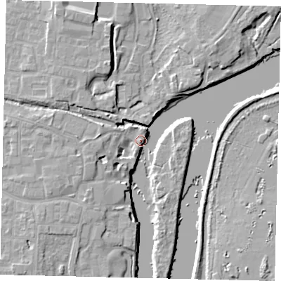 Shaded relief map of the ground around TW76XB, computed from Environment Agency LiDAR. The ground here sits at about 6 m above sea level and falls 9 m across the surrounding 800 m. Surface water reaching this point runs off ground lying to the south-south-west, 5.6 m higher.