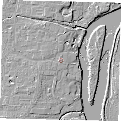 Shaded relief map of the ground around TW77BL, computed from Environment Agency LiDAR. The ground here sits at about 8 m above sea level and falls 9 m across the surrounding 800 m. Surface water reaching this point runs off ground lying to the west-south-west, 1.3 m higher.