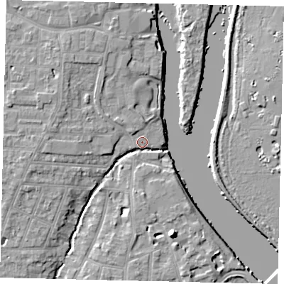 Shaded relief map of the ground around TW77BU, computed from Environment Agency LiDAR. The ground here sits at about 6 m above sea level and falls 10 m across the surrounding 800 m. Surface water reaching this point runs off ground lying to the west-south-west, 6.3 m higher.