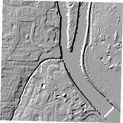 Shaded relief map of the ground around TW77BW, computed from Environment Agency LiDAR. The ground here sits at about 5 m above sea level and falls 10 m across the surrounding 800 m. Surface water reaching this point runs off ground lying to the west, 7.6 m higher.