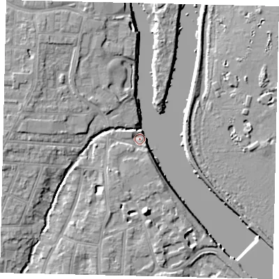 Shaded relief map of the ground around TW77BY, computed from Environment Agency LiDAR. The ground here sits at about 5 m above sea level and falls 10 m across the surrounding 800 m. Surface water reaching this point runs off ground lying to the south, 10.4 m higher.