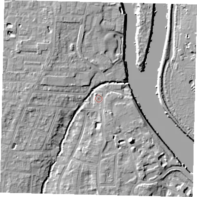 Shaded relief map of the ground around TW77BZ, computed from Environment Agency LiDAR. The ground here sits at about 6 m above sea level and falls 10 m across the surrounding 800 m. Surface water reaching this point runs off ground lying to the south-east, 3.0 m higher.