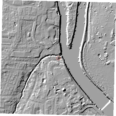 Shaded relief map of the ground around TW77EP, computed from Environment Agency LiDAR. The ground here sits at about 5 m above sea level and falls 10 m across the surrounding 800 m. Surface water reaching this point runs off ground lying to the west, 7.6 m higher.