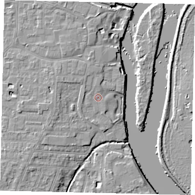 Shaded relief map of the ground around TW77EQ, computed from Environment Agency LiDAR. The ground here sits at about 7 m above sea level and falls 8 m across the surrounding 800 m. Surface water reaching this point runs off ground lying to the north, 0.9 m higher.