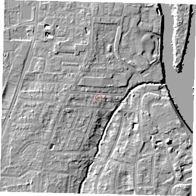 Shaded relief map of the ground around TW77HD, computed from Environment Agency LiDAR. The ground here sits at about 7 m above sea level and falls 10 m across the surrounding 800 m. Surface water reaching this point runs off ground lying to the west-north-west, 1.9 m higher.