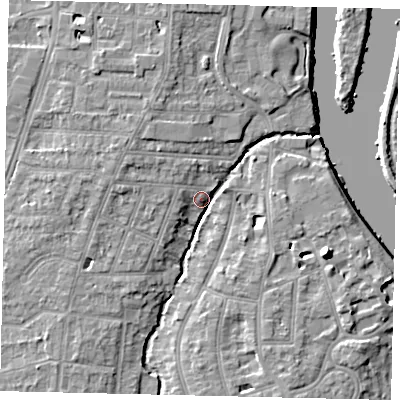 Shaded relief map of the ground around TW77HH, computed from Environment Agency LiDAR. The ground here sits at about 6 m above sea level and falls 10 m across the surrounding 800 m. Surface water reaching this point runs off ground lying to the west-north-west, 6.3 m higher.