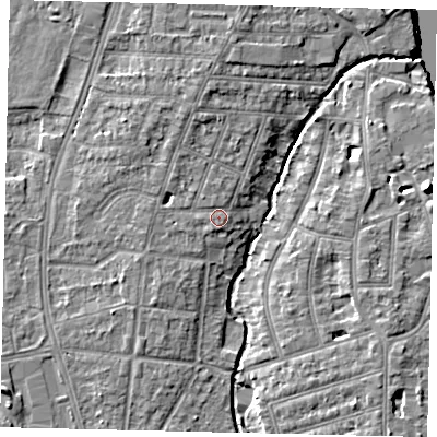 Shaded relief map of the ground around TW77HP, computed from Environment Agency LiDAR. The ground here sits at about 7 m above sea level and falls 10 m across the surrounding 800 m. Surface water reaching this point runs off ground lying to the west, 1.2 m higher.
