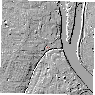 Shaded relief map of the ground around TW77JA, computed from Environment Agency LiDAR. The ground here sits at about 5 m above sea level and falls 10 m across the surrounding 800 m. Surface water reaching this point runs off ground lying to the west-south-west, 6.3 m higher.