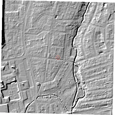 Shaded relief map of the ground around TW77JQ, computed from Environment Agency LiDAR. The ground here sits at about 8 m above sea level and falls 14 m across the surrounding 800 m. Surface water reaching this point runs off ground lying to the north-west, 1.7 m higher.