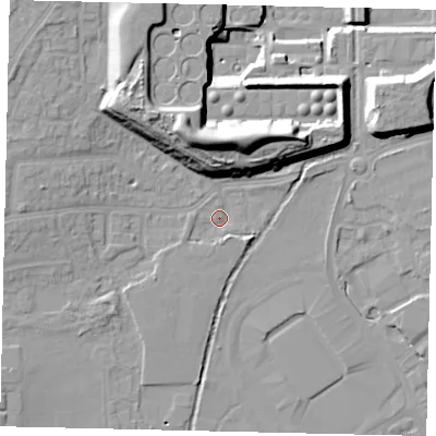 Shaded relief map of the ground around TW77LA, computed from Environment Agency LiDAR. The ground here sits at about 10 m above sea level and falls 24 m across the surrounding 800 m. Surface water reaching this point runs off ground lying to the south-south-east, 2.1 m higher.