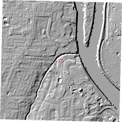 Shaded relief map of the ground around TW77XB, computed from Environment Agency LiDAR. The ground here sits at about 6 m above sea level and falls 10 m across the surrounding 800 m. Surface water reaching this point runs off ground lying to the south-south-east, 2.9 m higher.