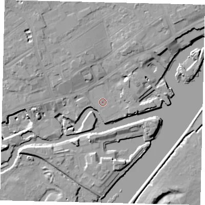 Shaded relief map of the ground around TW80AA, computed from Environment Agency LiDAR. The ground here sits at about 5 m above sea level and falls 13 m across the surrounding 800 m. Surface water reaching this point runs off ground lying to the north-east, 0.6 m higher.