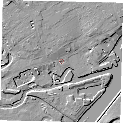 Shaded relief map of the ground around TW80AB, computed from Environment Agency LiDAR. The ground here sits at about 5 m above sea level and falls 14 m across the surrounding 800 m. Surface water reaching this point runs off ground lying to the north-north-west, 7.1 m higher.