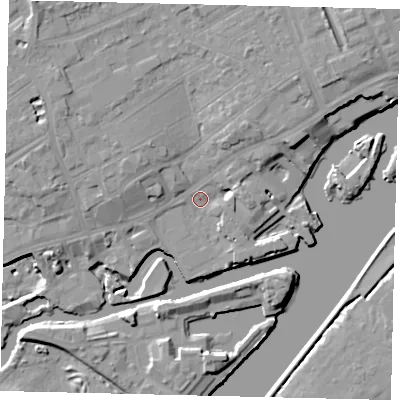 Shaded relief map of the ground around TW80AE, computed from Environment Agency LiDAR. The ground here sits at about 5 m above sea level and falls 14 m across the surrounding 800 m. Surface water reaching this point runs off ground lying to the north-west, 8.3 m higher.