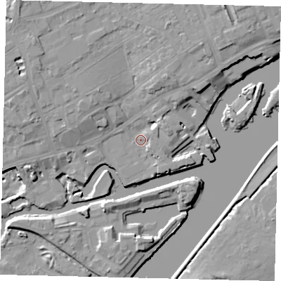 Shaded relief map of the ground around TW80AG, computed from Environment Agency LiDAR. The ground here sits at about 5 m above sea level and falls 12 m across the surrounding 800 m. Surface water reaching this point runs off ground lying to the north-west, 8.3 m higher.