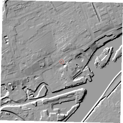 Shaded relief map of the ground around TW80AH, computed from Environment Agency LiDAR. The ground here sits at about 6 m above sea level and falls 14 m across the surrounding 800 m. Surface water reaching this point runs off ground lying to the north-north-east, 4.9 m higher.
