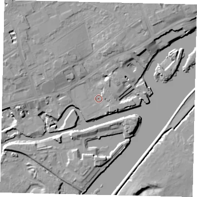 Shaded relief map of the ground around TW80AP, computed from Environment Agency LiDAR. The ground here sits at about 5 m above sea level and falls 12 m across the surrounding 800 m. Surface water reaching this point runs off ground lying to the north-west, 7.4 m higher.